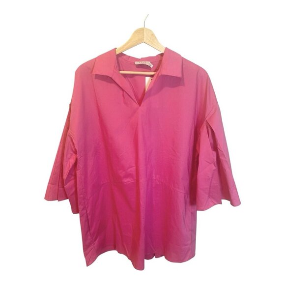 Harshman Maureen Tunic Cotton Poplin Top Fuchsia Medium Oversized $219 VNeck - Picture 4 of 9